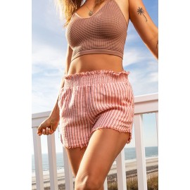 Orange Ribbed Smocked Frill Raw Hem High Waist Shorts Orange Ribbed Smocked Frill Raw Hem High Waist Shorts