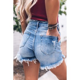 Sky Blue Frayed High Waist Denim Shorts Sky Blue Frayed High Waist Denim Shorts