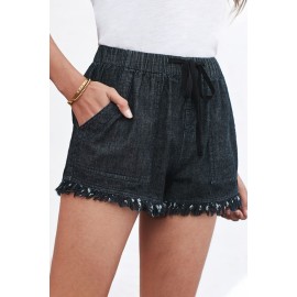 Black Casual Pocketed Frayed Denim Shorts