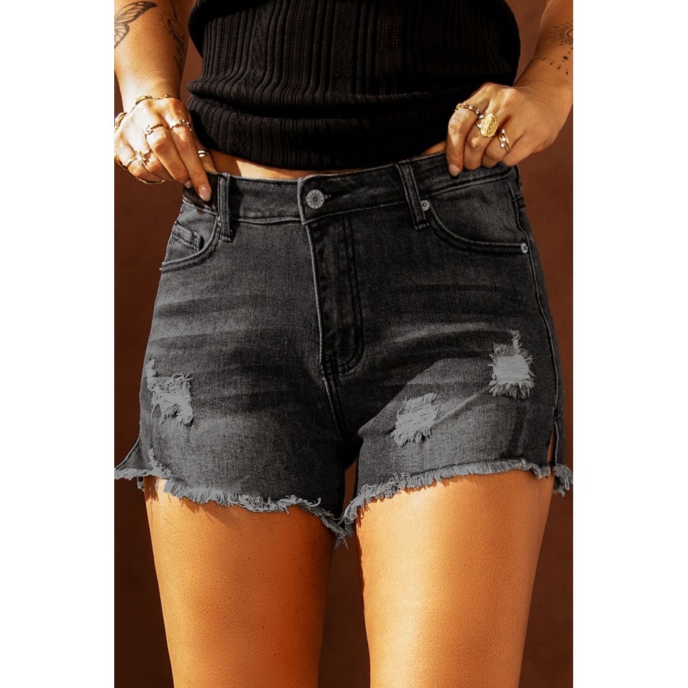 Black Distressed Ripped Denim Shorts with Pockets Black Distressed Ripped Denim Shorts with Pockets