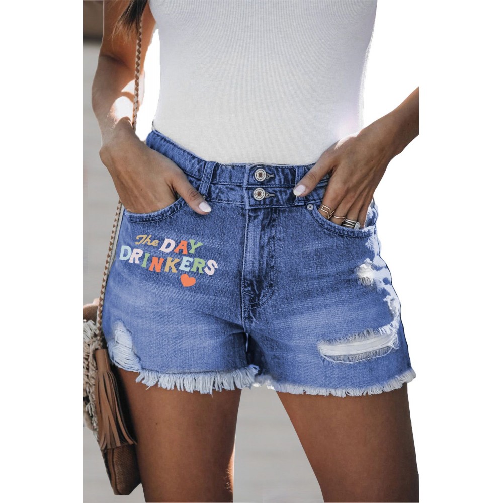 Letters Print Raw Cuffs Denim Shorts Letters Print Raw Cuffs Denim Shorts