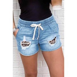 Distressed Leopard Patchwork Denim Shorts Distressed Leopard Patchwork Denim Shorts