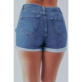 Blue Mid Waist Slim-fit Distressed Denim Shorts Blue Mid Waist Slim-fit Distressed Denim Shorts
