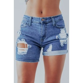 Blue Mid Waist Slim-fit Distressed Denim Shorts Blue Mid Waist Slim-fit Distressed Denim Shorts