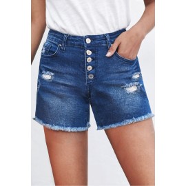 Blue Frayed Hem Single-breasted Ripped Denim Shorts Blue Frayed Hem Single-breasted Ripped Denim Shorts