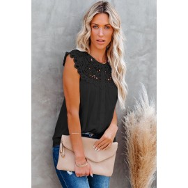 Black Lace Splicing Crew Neck Sleeveless Buttoned Shirt Black Lace Splicing Crew Neck Sleeveless Buttoned Shirt
