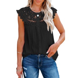 Black Lace Splicing Crew Neck Sleeveless Buttoned Shirt Black Lace Splicing Crew Neck Sleeveless Buttoned Shirt