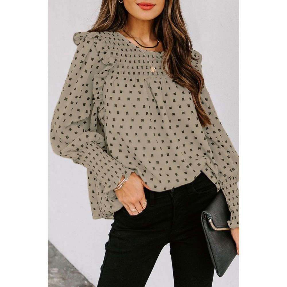 Apricot Smocked Ruffle Trim Blouse Apricot Smocked Ruffle Trim Blouse