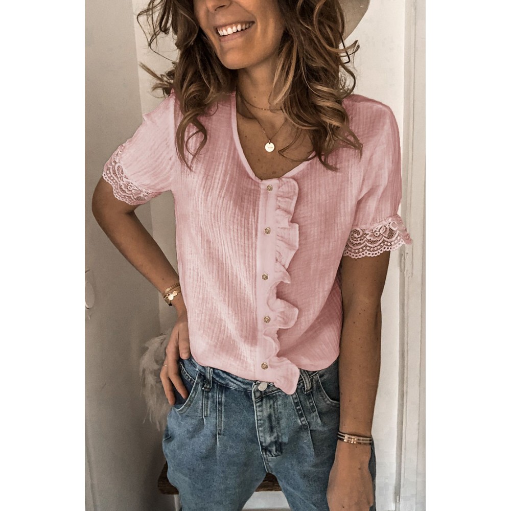 Pink Ruffles Button Short Sleeve Shirt with Lace Detail Pink Ruffles Button Short Sleeve Shirt with Lace Detail