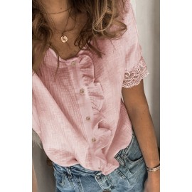 Pink Ruffles Button Short Sleeve Shirt with Lace Detail Pink Ruffles Button Short Sleeve Shirt with Lace Detail