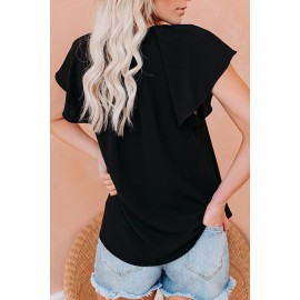 Black Solid Drawstring Ruffled Short Sleeve Blouse Black Solid Drawstring Ruffled Short Sleeve Blouse