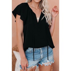 Black Solid Drawstring Ruffled Short Sleeve Blouse Black Solid Drawstring Ruffled Short Sleeve Blouse