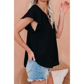 Black Solid Drawstring Ruffled Short Sleeve Blouse Black Solid Drawstring Ruffled Short Sleeve Blouse