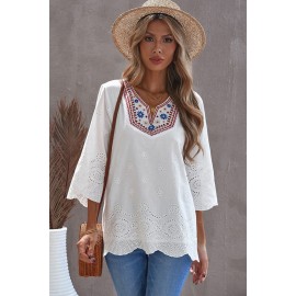 Embroidered Floral Hollow-out Bell Sleeve Blouse Embroidered Floral Hollow-out Bell Sleeve Blouse