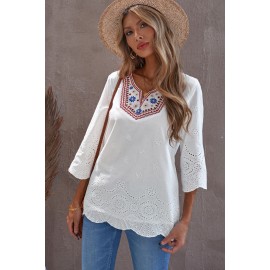 Embroidered Floral Hollow-out Bell Sleeve Blouse Embroidered Floral Hollow-out Bell Sleeve Blouse