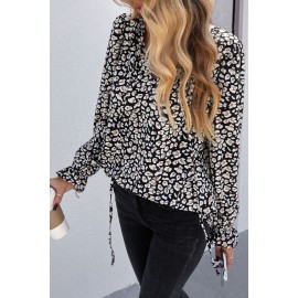 Black Printed Long Sleeve V-Neck Drawstring Shirt Black Printed Long Sleeve V-Neck Drawstring Shirt