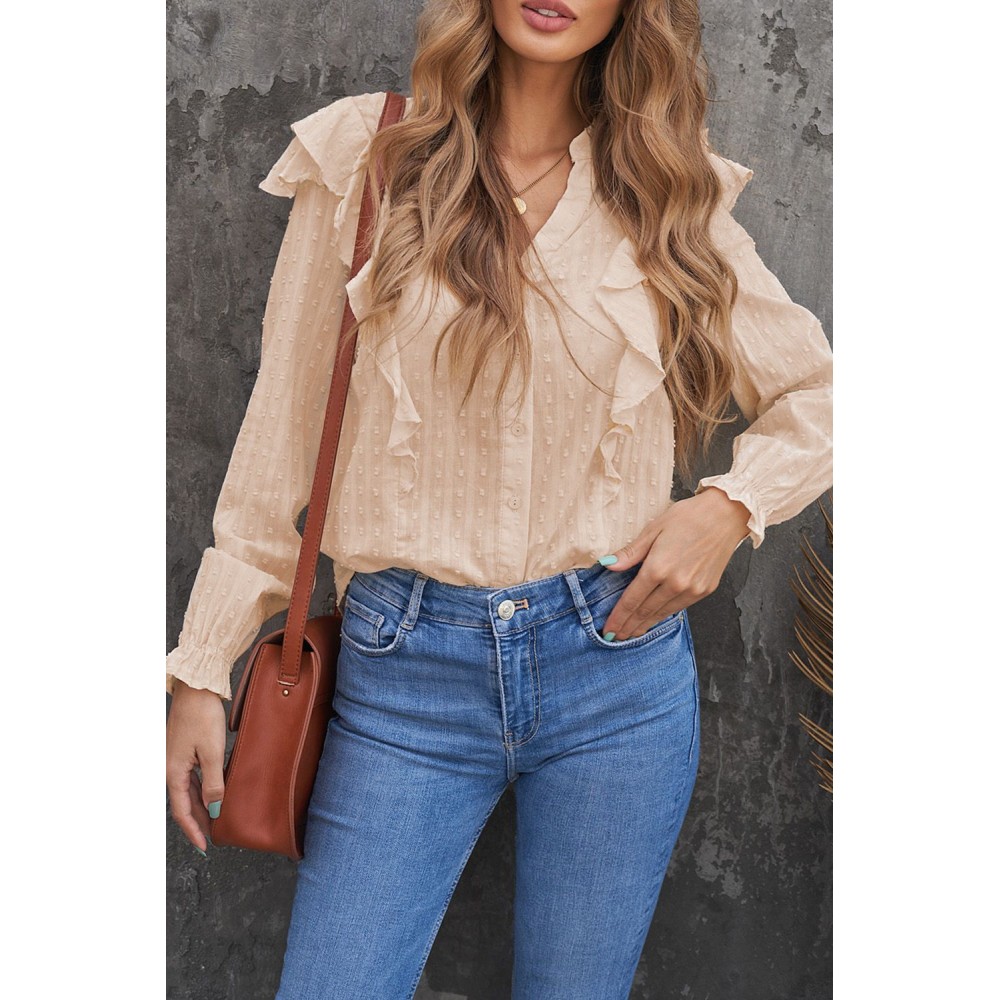 Apricot Dotted Texture Sheer Ruffles Bubble Sleeves Shirt Apricot Dotted Texture Sheer Ruffles Bubble Sleeves Shirt