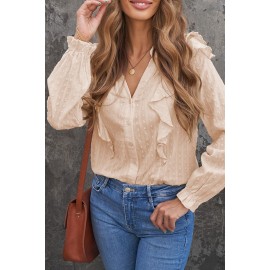 Apricot Dotted Texture Sheer Ruffles Bubble Sleeves Shirt Apricot Dotted Texture Sheer Ruffles Bubble Sleeves Shirt