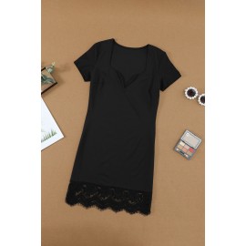Black Short Sleeve Lace Trim Bodycon Mini Dress Black Short Sleeve Lace Trim Bodycon Mini Dress